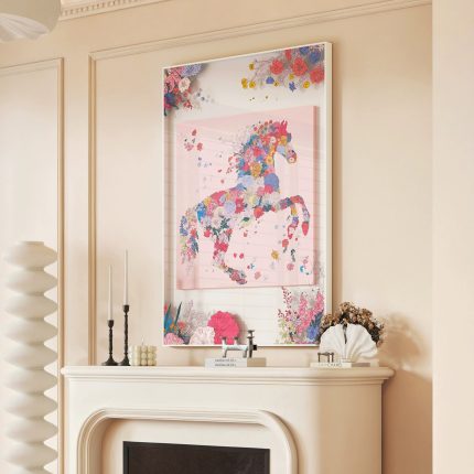 Acrylic Silk Scarf Art: Living Room Decor, Foyer & Hallway Wall Hanging, Dining Room & Bedroom Elegant Art - Pink Horse Design